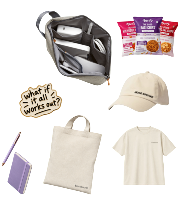 Professional corporate goodies plan with tech pouch, tote and branded merchandise