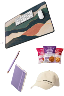 Basic corporate goodies plan with desk mat, diary, pen, snacks and cap